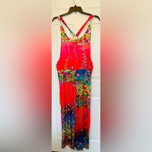 Women’s Pink Blue Green Printed Sleeveless Suspenders Wide Leg Jumpsuit Size XL
